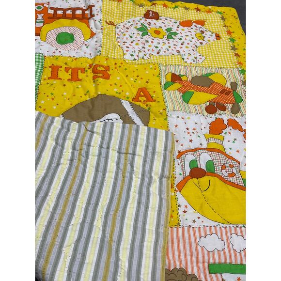1980 80s Sports It´s a Boy, Yellow Baby Quilt with...